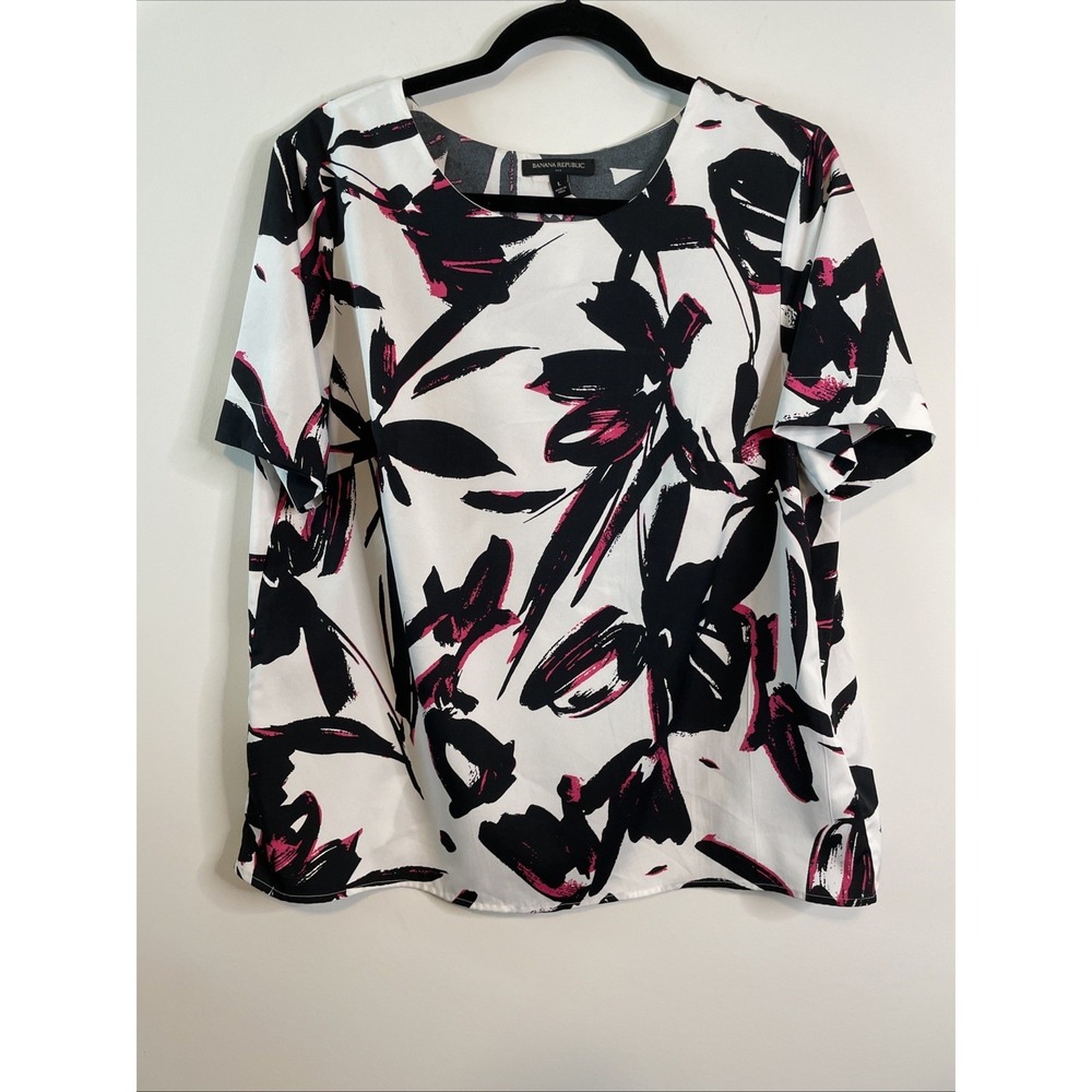 Banana Republic Large Abstract Floral Blouse Black Pink Career Top